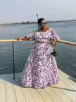 Light-purple floral twin set: puff sleeves cropped top and maxi skirt, gathered waist