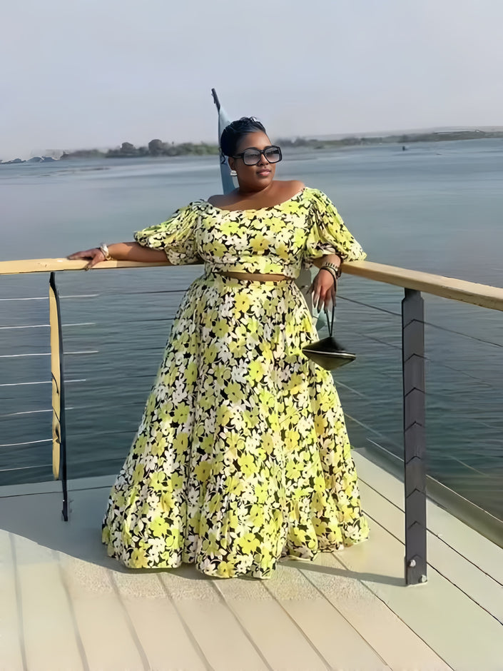 Floral Twin Set Puff Sleeve Maxi Skirt Chic Outfit