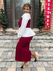 Contrast blouse and ribbed midi skirt set, white peplum top with maroon skirt
