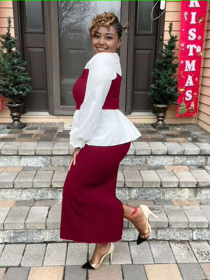 Contrast blouse and ribbed midi skirt set, white peplum top with maroon skirt