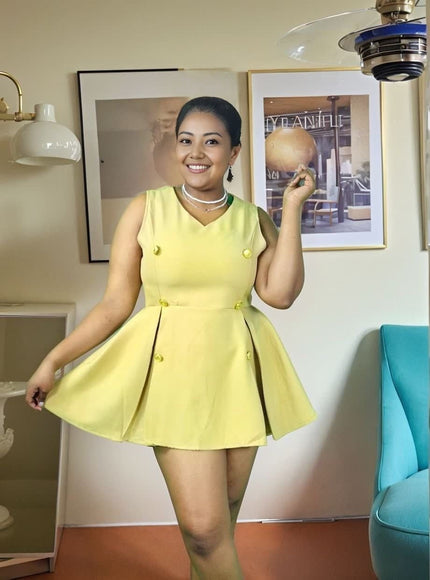 Camel A-line mini dress with double-breasted button front and flare skirt