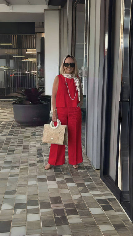 Red wide-leg pants with relaxed fit and wide flared legs