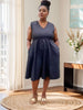 Sleeveless A-line V-neck midi dress, dark gray with gathered skirt