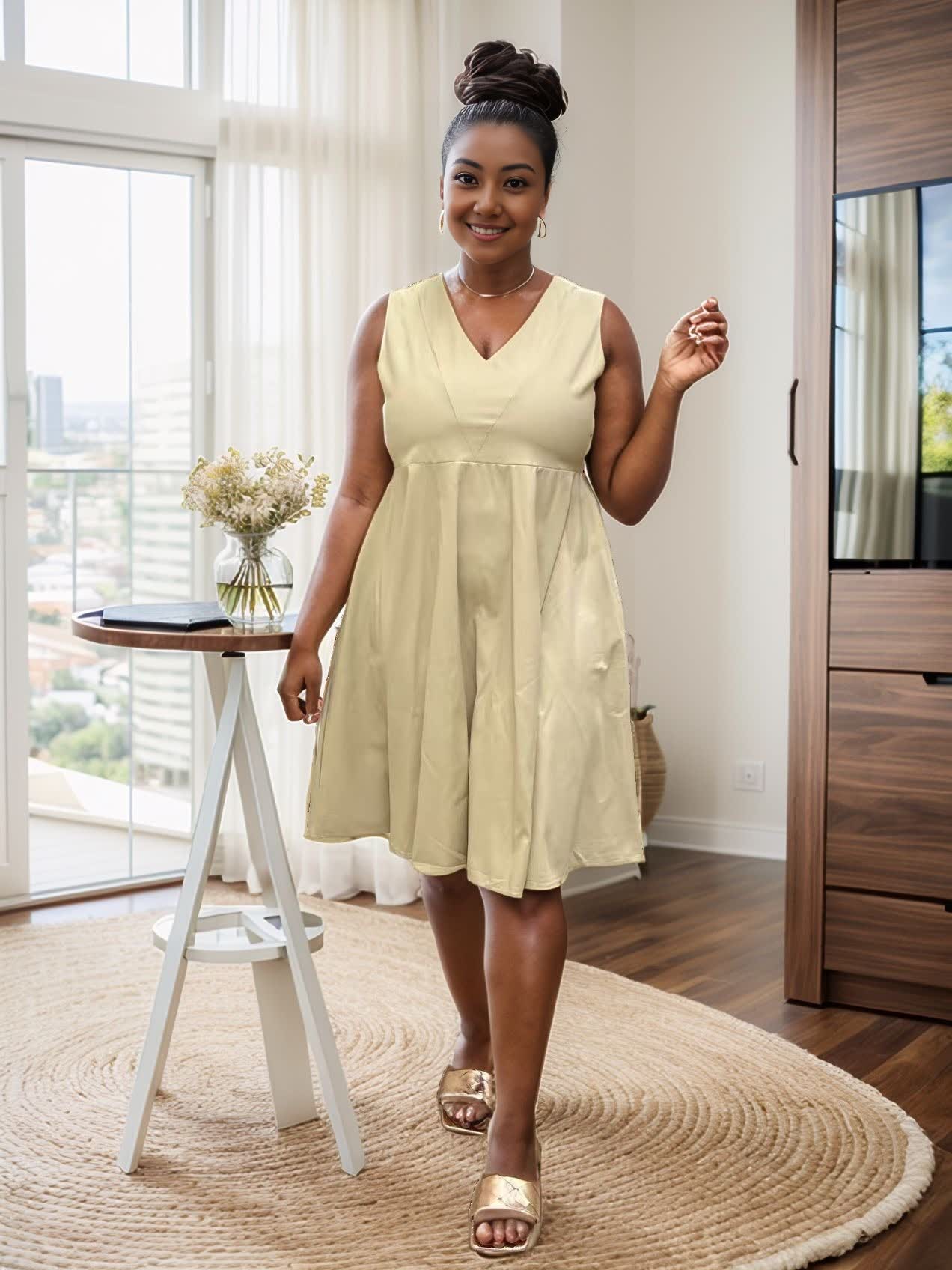 Sleeveless A-line V-neck midi dress, light beige with gathered skirt