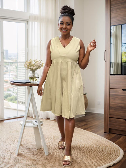Sleeveless A-line V-neck midi dress, light beige with gathered skirt