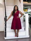 Sleeveless A-line V-neck midi dress, maroon with gathered skirt