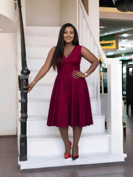 Sleeveless A-line V-neck midi dress, maroon with gathered skirt