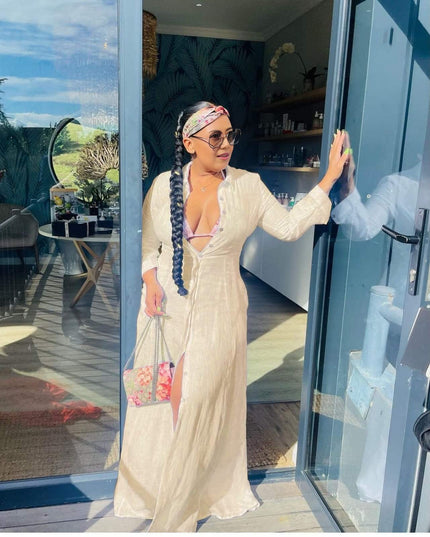 Beige maxi cardigan dress with deep V neckline and front slit, long sleeves