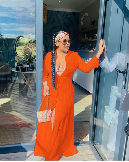 Orange-red maxi cardigan dress with V neckline and front slit, long sleeves