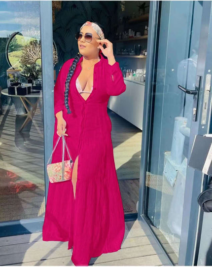 Rose-red maxi cardigan dress with V neckline and front slit, long sleeves