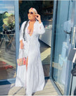 White maxi cardigan dress with V neckline and front slit, long sleeves