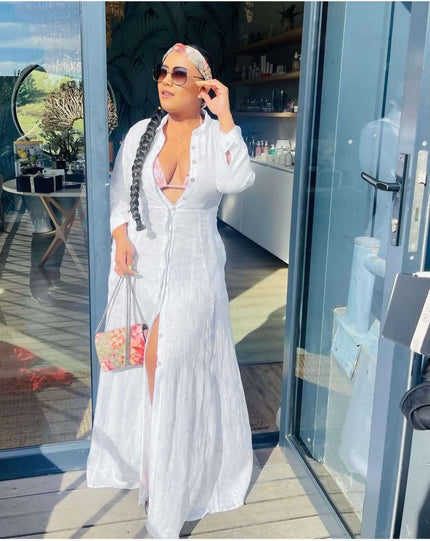 White maxi cardigan dress with V neckline and front slit, long sleeves