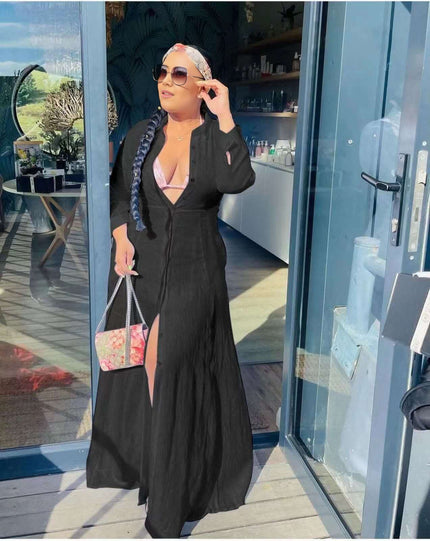 Black maxi cardigan dress with V neckline and front slit, long sleeves