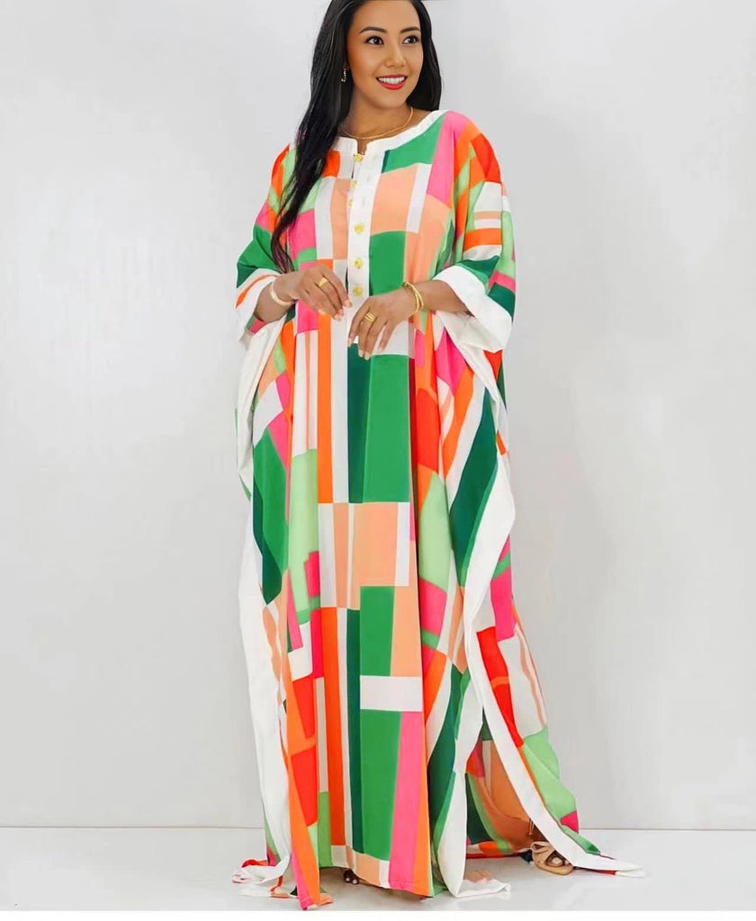 Geometric Rectangle Patterned Long Dress with Button-Up Front