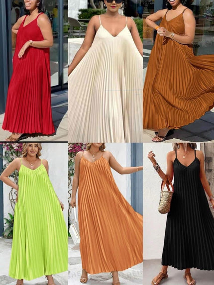 Pleated V-neck maxi dress with adjustable straps, sleeveless flowy pleats