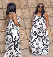 Women's Sleeveless V-Neck Long Dress - Black and White Floral Pattern