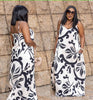 Women's Sleeveless V-Neck Long Dress - Black and White Floral Pattern