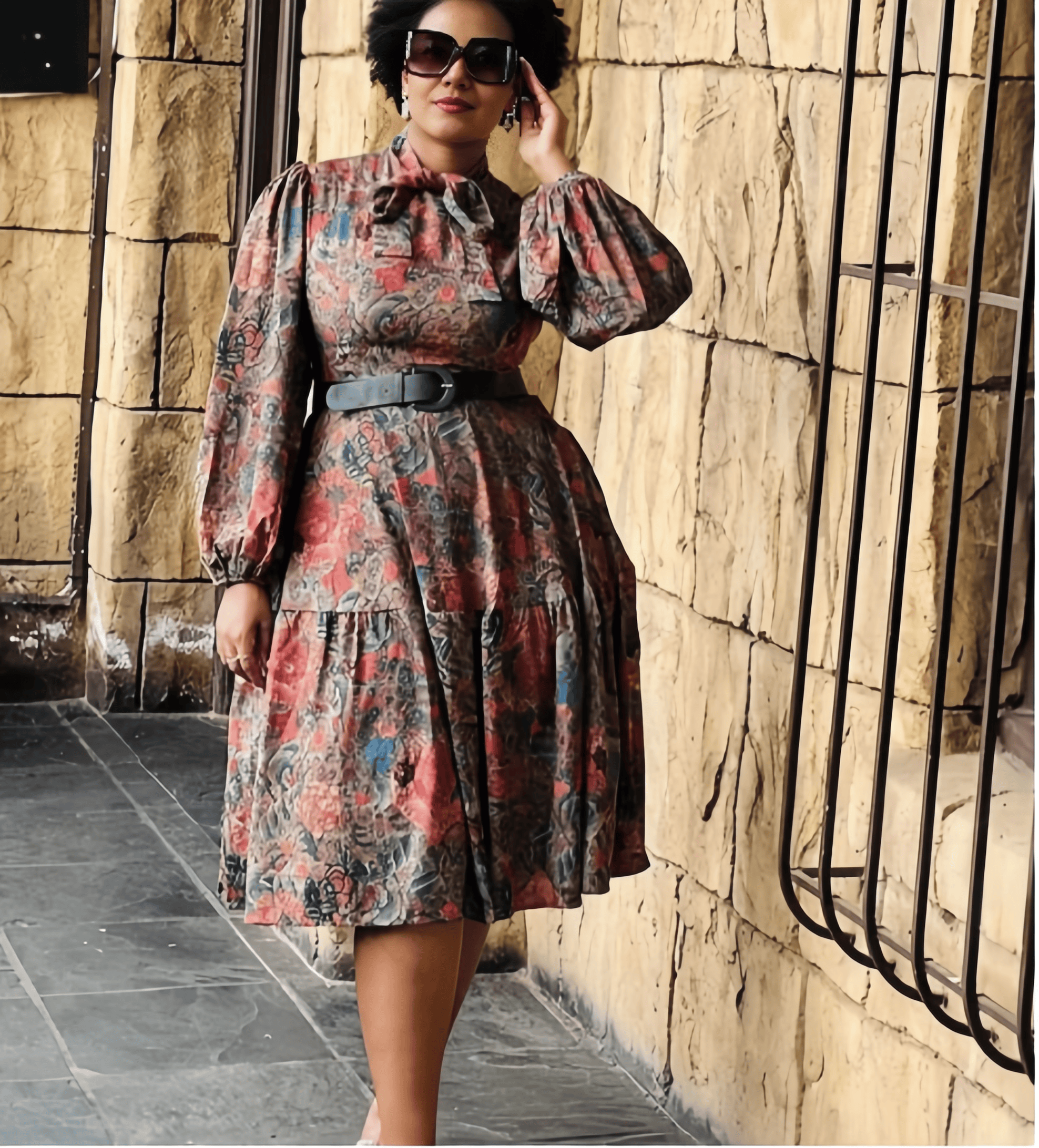 Abstract print puff-sleeve midi dress, gathered skirt, pink and teal.