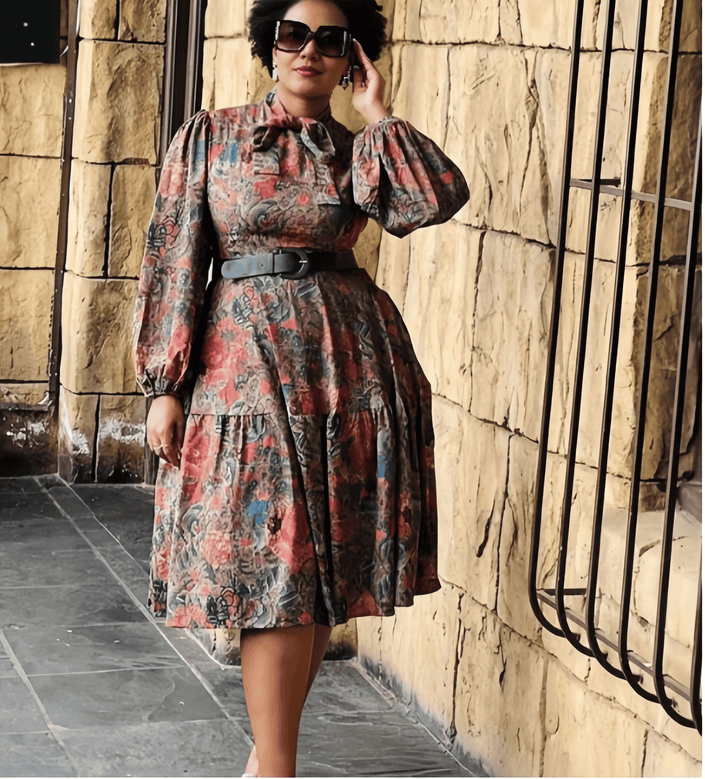 Abstract print puff-sleeve midi dress, gathered skirt, pink and teal.