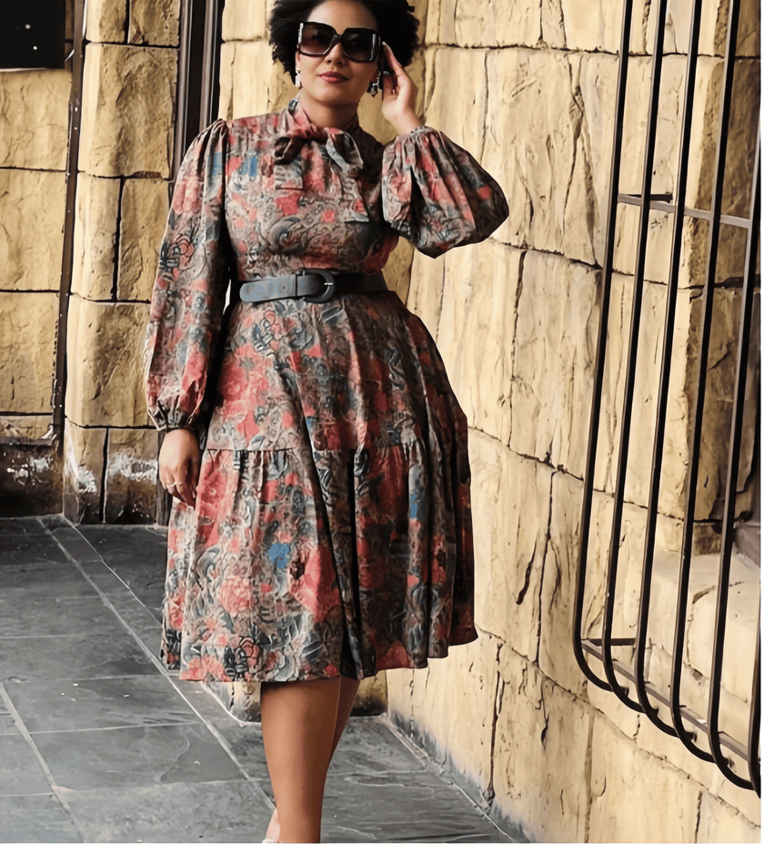 Abstract print puff-sleeve midi dress, gathered skirt, pink and teal.