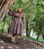 Mid-Length Dress with Puffed Sleeves and Abstract Print