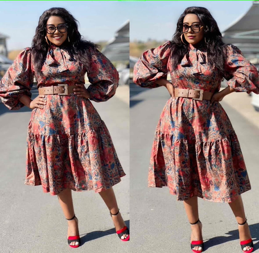 Mid-Length Dress with Puffed Sleeves and Abstract Print