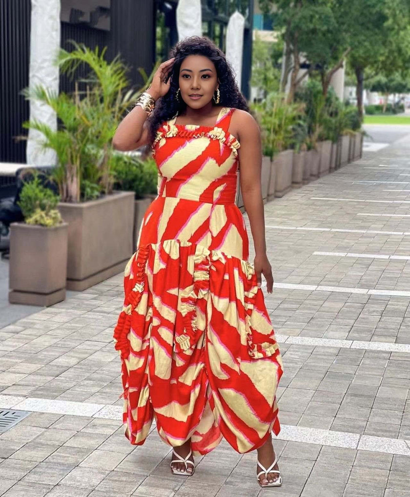 Women's High-Low Hem Dress – Diagonal Stripe Pattern with Floral Strap Detail, Voluminous Gathered Silhouette