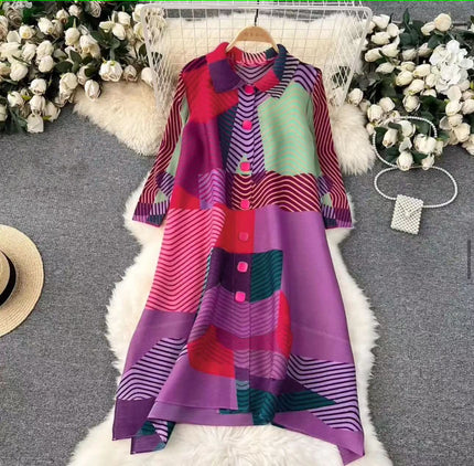 Abstract print midi dress with long sleeves, high neck, multicolor red and purple panels