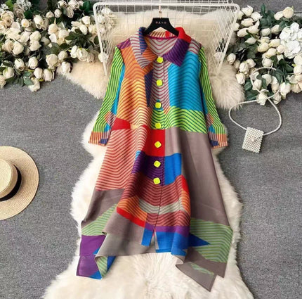 Abstract print midi dress with long sleeves, high neck, multicolor orange, green, and blue