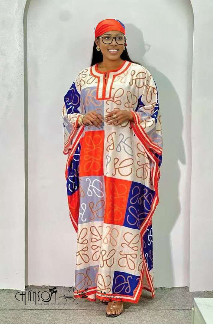 Patchwork print maxi dress with wide sleeves, multicolor abstract pattern and red trim