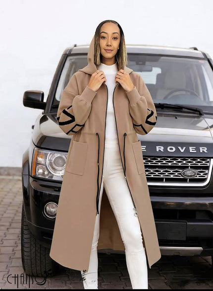 Beige hooded knit coat with long sleeves, front pockets, drawstring hood