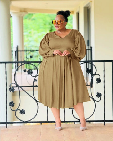 Plus size midi dress, brown with puff sleeves and pleated, gathered skirt