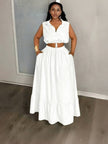 White sleeveless crop top and maxi skirt set with button front and drawstring waist