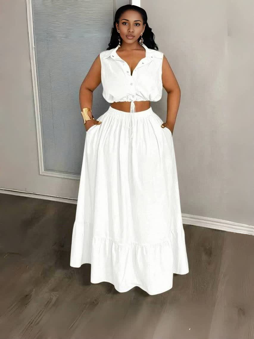 White sleeveless crop top and maxi skirt set with button front and drawstring waist