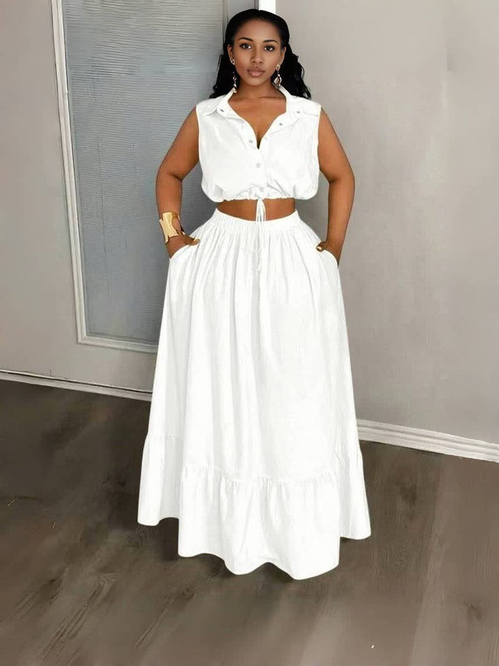 White sleeveless crop top and maxi skirt set with button front and drawstring waist