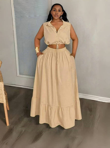 Tan sleeveless crop top and maxi skirt set with button front and drawstring waist