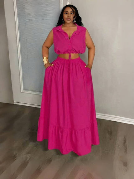 Deep-pink sleeveless crop top and maxi skirt set with V-neck and drawstring waist