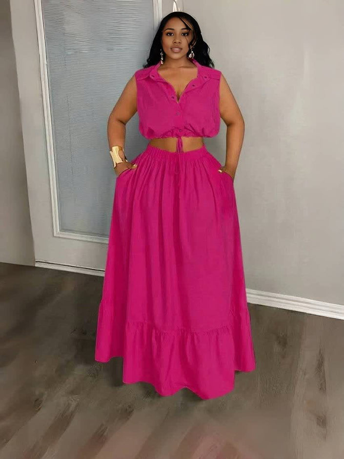 Deep-pink sleeveless crop top and maxi skirt set with V-neck and drawstring waist