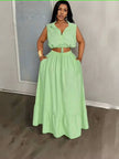 Mint-green sleeveless crop top and maxi skirt set with V-neck and drawstring waist