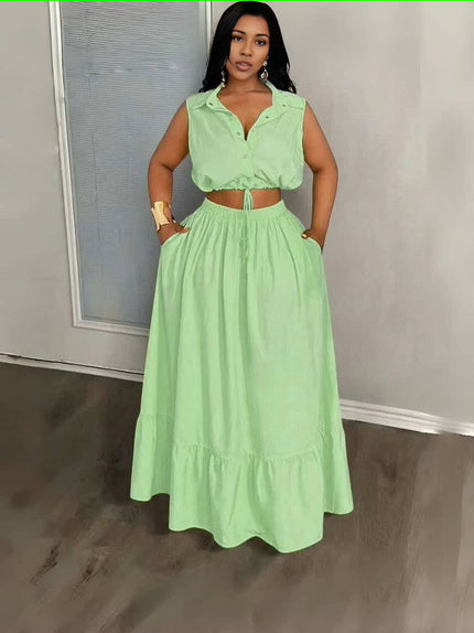 Mint-green sleeveless crop top and maxi skirt set with V-neck and drawstring waist