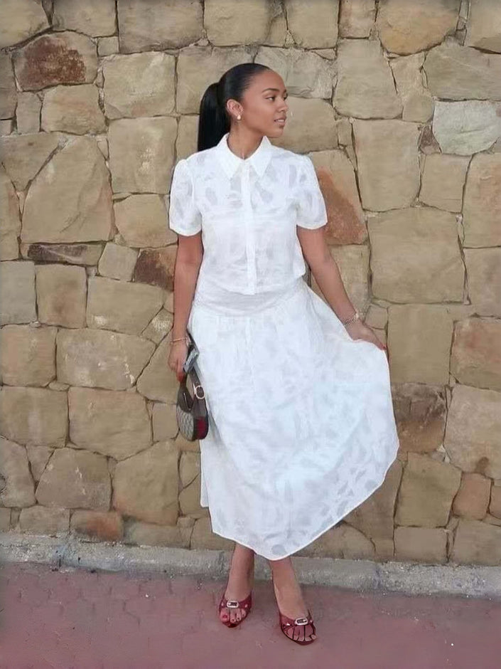 White textured midi work dress, puff sleeves, collared button-front