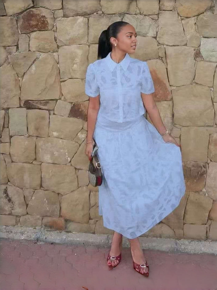 Light blue textured midi work dress, puff sleeves, collared button-front