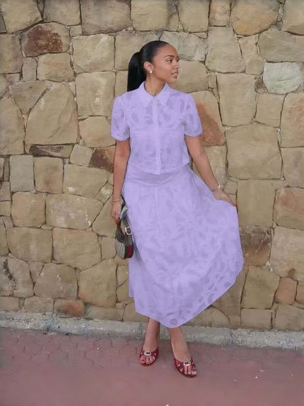 Light purple textured midi work dress, puff sleeves, collared button-front