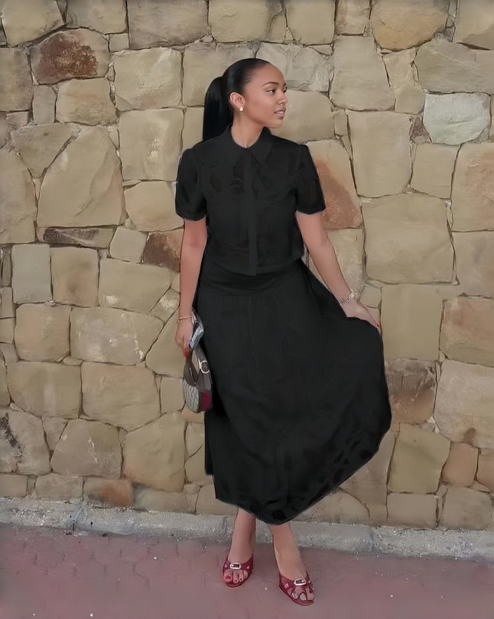Black textured midi work dress, puff sleeves, collared button-front