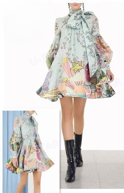 High-Neck Bow Collar Long-Sleeve Flared Dress with Floral and Graphic Print