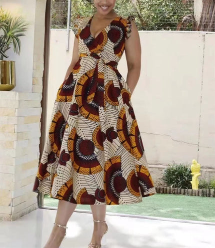 Elegant Mid-Length Traditional Dress with V-Neck and Cap Sleeves