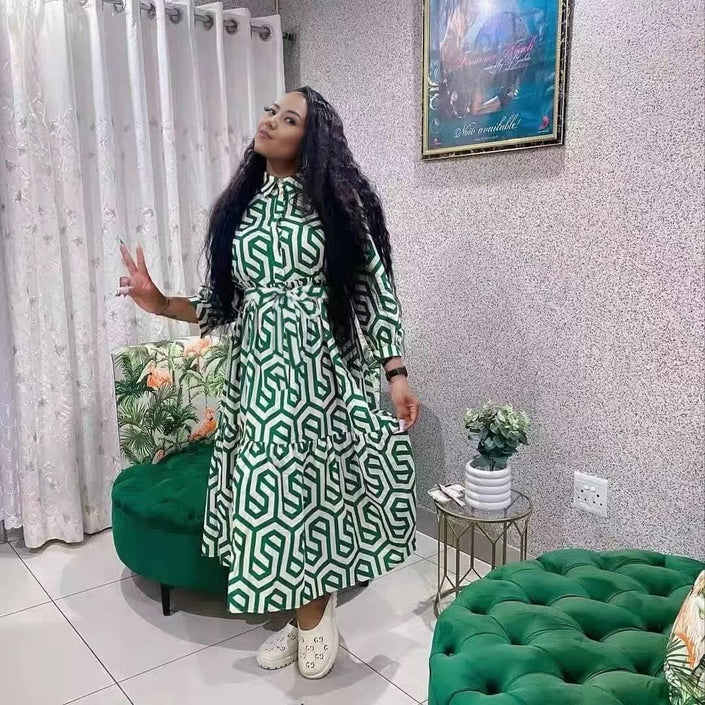 Plus size midi shirt dress with belted waist, green and white geometric print