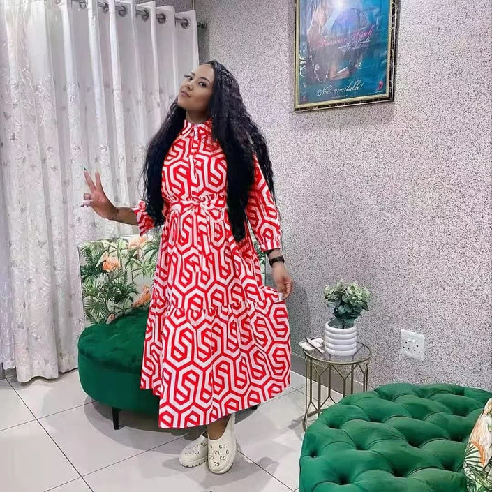 Plus size midi shirt dress with belted waist, red and white geometric print