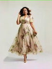 V-neck midi A-line floral dress, tan-beige with green floral print