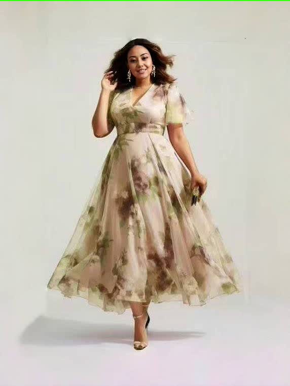 V-neck midi A-line floral dress, tan-beige with green floral print